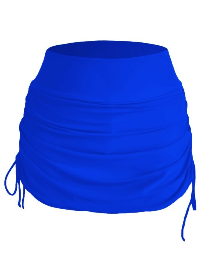 Drawstring Ruched Black Swim Skorts, Plain High Stretch Swimming Bottoms, Women'S Swimwear & Clothing - Image 3