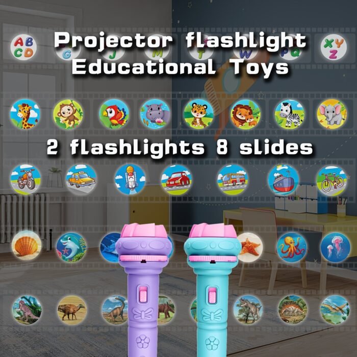 2 Projector Flashlights, 64 Patterns And 8 Projected Pictures, Vehicles, Dinosaurs, Animals, Ocean, Space And More, Bedtime Toys, Educational Toys - Image 7