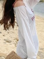 Casual Long-Sleeve Rash Guard Shirt With Drawstring, Belly Cover-Up, Breathable Polyester And Elastane Blend, Summer Beach Top, Spandex, - Image 4