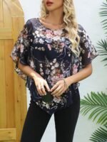 Floral Pattern Elegant Cover Up, Round Neck Semi-Sheer Beach Cover Up Top, Women'S Swimwear & Clothing - Image 3