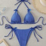 Blue And White Plaid Bikini With Bow Decoration And Triangle Top Sexy Vacation Two-Piece Swimsuit