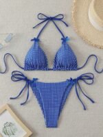 Blue And White Plaid Bikini With Bow Decoration And Triangle Top Sexy Vacation Two-Piece Swimsuit