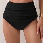 Elegant High-Waisted Swim Bottoms For Women - Polyester And Elastane Blend, Frill Detail, Solid Color, High Stretch, Knit Fabric Bikini Bottoms