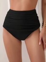 Elegant High-Waisted Swim Bottoms For Women - Polyester And Elastane Blend, Frill Detail, Solid Color, High Stretch, Knit Fabric Bikini Bottoms