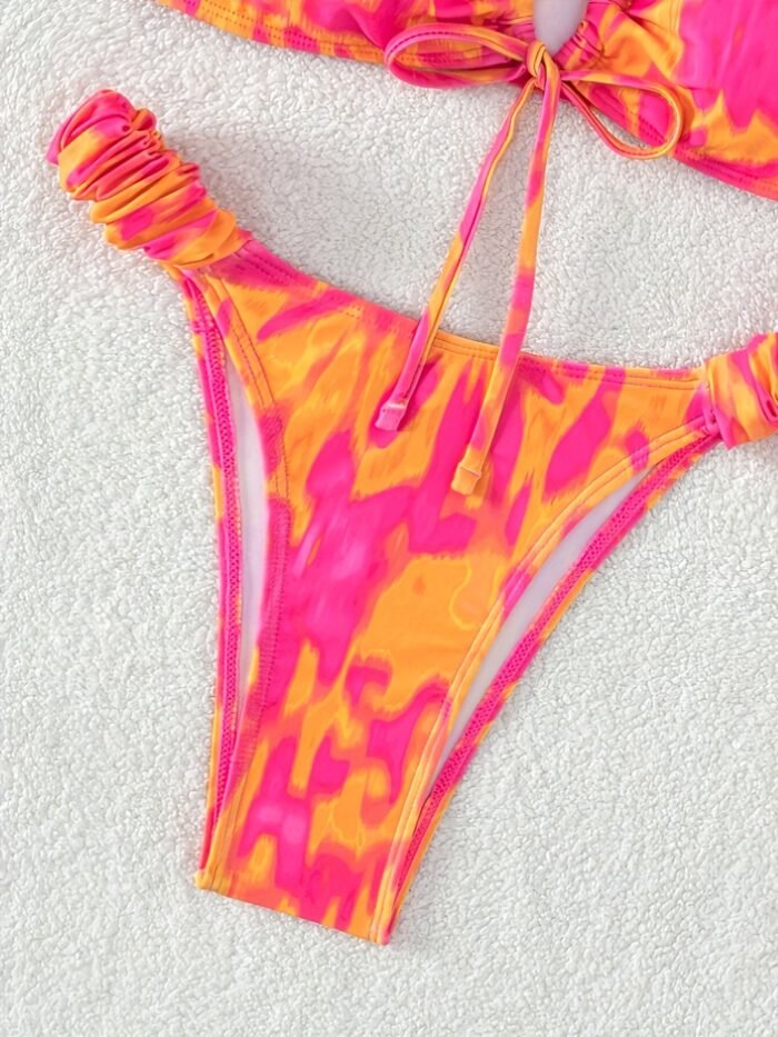 Gathered Texture Chic Off-Shoulder Drawstring Women'S Bikini Set In Vibrant Pink & Orange Abstract Print - High-Waisted, Stretchy Polyester/Elastane Blend, Machine Washable Swimsuit With Ruffled Detail, Swimming Attire|Highwaisted Bikini|Stretchy Fabric Blend, High Waisted Bikini Set - Image 4