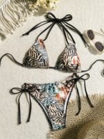 2Pcs Leopard Print Sexy Bikini 2Pcs Leopard Print Sexy Halter Neck Bikini Set, High Elasticity Polyester Knit Fabric, Side Tie Bottom Swimsuit For Women, No Sleeve Swimwear - Image 5