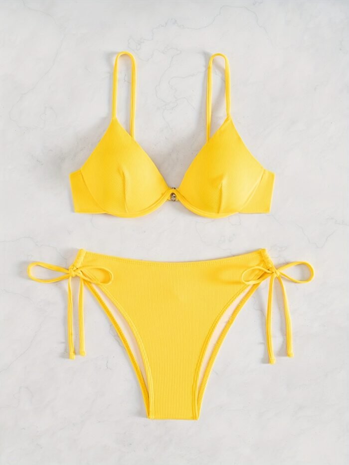 2024 New Arrival - Vibrant Yellow Strapless Bikini Set With Steel Support & Tie-Up Design For Women, High Stretch Polyester Blend, Perfect For Swimming & Beach, Beach Attire|Vibrant Swimsuit|Stretchy Fabric - Image 1