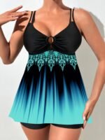 Floral Print V Neck Tankini Sets, Ring-Linked Boxer Short Bottom Two Pieces Swimsuit, Women'S Swimwear & Clothing - Image 2