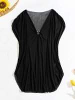Solid Color V Neck Cover Up Dress Without Bikini, Semi-Sheer Mid-Stretch Beachwear Dress, Women'S Swimwear & Clothing - Image 3