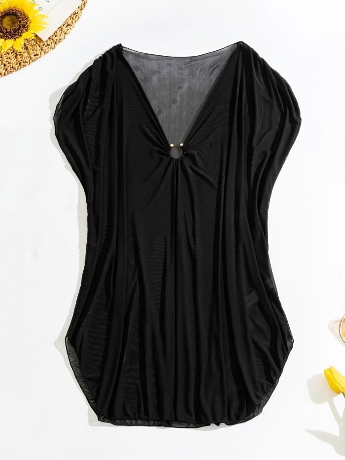 Solid Color V Neck Cover Up Dress Without Bikini, Semi-Sheer Mid-Stretch Beachwear Dress, Women'S Swimwear & Clothing - Image 3