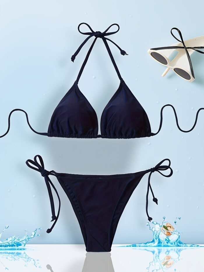 Beautiful Sexy Bikini Set - High Stretch, Solid Color, Halter Neck, Side Lace-Up, No Belt, Perfect For Swimming, Beachwear|Sleek Swimwear|Stretchy Fabric - Image 1