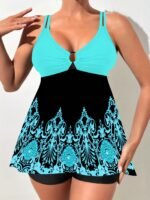 Floral Print V Neck Tankini Sets, Ring-Linked Boxer Short Bottom Two Pieces Swimsuit, Women'S Swimwear & Clothing