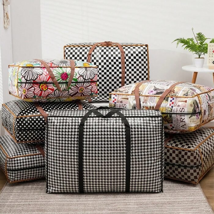 1Pc Vintage Fabric Foldable Storage Bag, Dark Brown, With Strong Zipper And Handle, Space-Saving, Heart Leaf Brand, With Random Printing And Edge Paint, For Moving, Travel, Back To School - Image 13