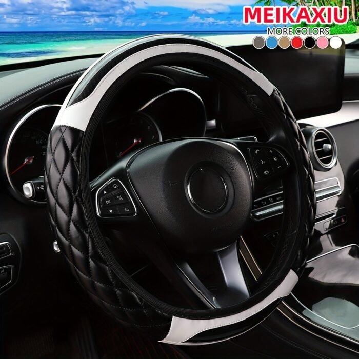 1Pc Crystal Carbon Fiber Faux Leather Three-Dimensional Square Embroidery New Car Without Inner Circle Steering Cover Suitable For 36.83-38.1Cm Car Interior Accessories Men And Women Universal Black Red Pink Blue Beige Gre - Image 9