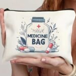 1Pc Medicine Bag Travel Pouch - Lightweight, Foldable Cosmetic Organizer With Zipper Closure, Hand Washable, White With Herbal Design, Ideal For Medication And Toiletries Storage, Toiletry Travel Bag