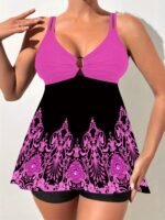 Floral Print V Neck Tankini Sets, Ring-Linked Boxer Short Bottom Two Pieces Swimsuit, Women'S Swimwear & Clothing - Image 4