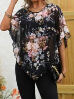 Floral Pattern Elegant Cover Up, Round Neck Semi-Sheer Beach Cover Up Top, Women'S Swimwear & Clothing - Image 4