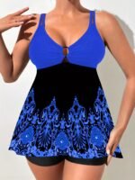 Floral Print V Neck Tankini Sets, Ring-Linked Boxer Short Bottom Two Pieces Swimsuit, Women'S Swimwear & Clothing - Image 3