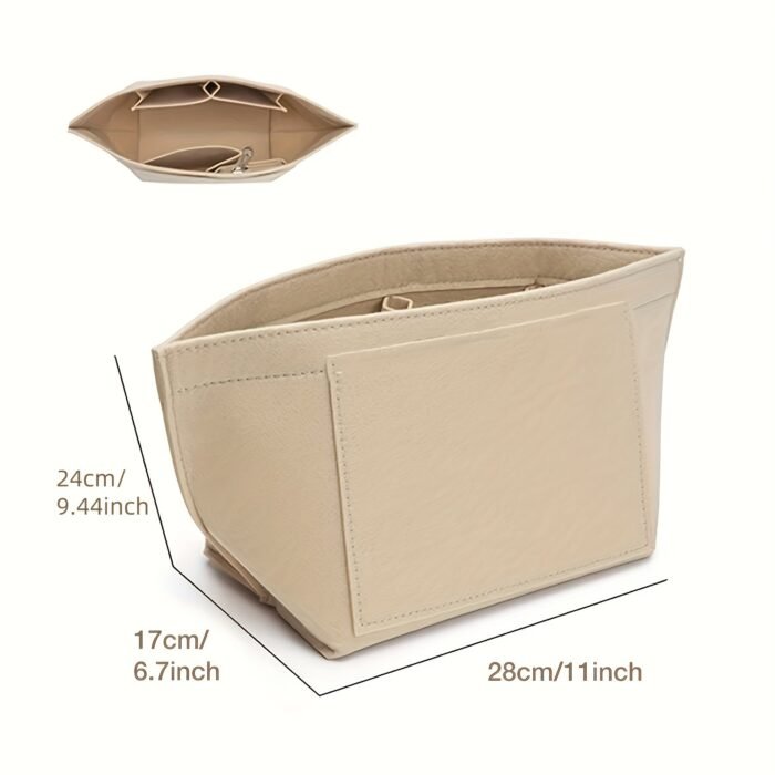 1Pc Felt Insert Bag Organizer, Portable, Casual Style, Fabric Soft Smooth Felt, Large Capacity With Multiple Pockets, Durable Metal Zipper, With Random Printing, For Women'S Tote Handbag, Cosmetic Travel Purse - Image 5