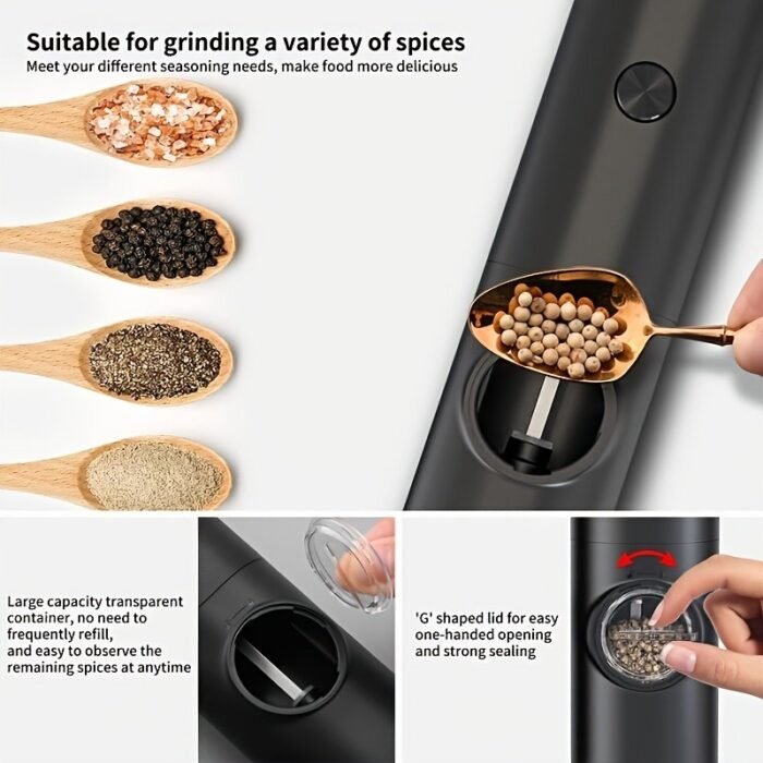 1Pc/2Pcs Intelligent Sensing Electric Grinder, Electric Salt And Pepper Grinder, Automatic Black Pepper Grinder, White Pepper Grinder, Convenient, Durable And High-Looking Electric Grinder, Suitable For Home Kitchen, Parties And Dinners - Image 6