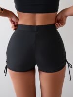 High-Waist Ruched Women'S Swim Shorts - Sleek Black, Anti-Slip, Tummy Control With Faux Drawstring Detail, Stretchy Polyester/Elastane Blend, Machine Washable - Image 2