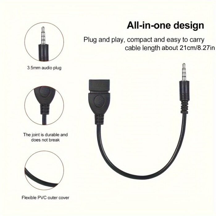 3.5Mm Aux To Usb Audio Cable, Black Car Aux Adapter, Usb Headphone Converter, Male To Female, Miniusb Connector, Usb Powered, ?36V Operating Voltage, No Battery Required - Image 7
