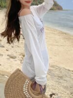 Casual Long-Sleeve Rash Guard Shirt With Drawstring, Belly Cover-Up, Breathable Polyester And Elastane Blend, Summer Beach Top, Spandex, - Image 7