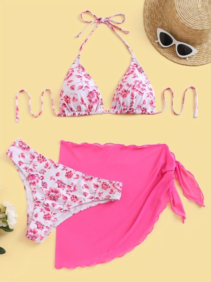 1Set Women'S Floral Print Halter Neck Bikini Set, High Elasticity Polyester Fabric, Casual Two-Piece Swimsuit With Tie Details, Knitted Fabric, No Belt, Regular Fit - Image 5