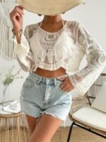 Beach Essential Sexy Lace Knit Swimsuit Cover-Up - Sheer Mesh Beachwear With Mandala Pattern, Long Sleeves, And Ripped Denim Shorts Design For Women, Perfect For Vacation And Casual Attire, Casual Beachwear | Lace Detailing | Stretchable Fabri - Image 4