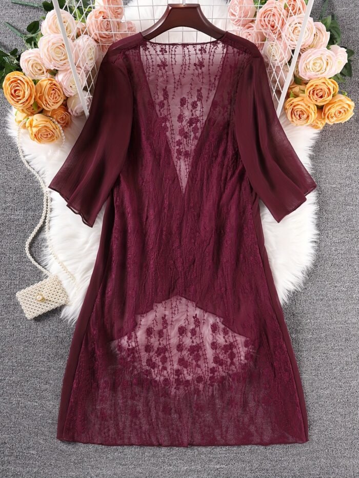 Elegant Plus-Size Coral Chiffon Kimono Cardigan With Lace Detailing - Sheer Half-Sleeve Beach Cover-Up, Machine Washable - Image 4