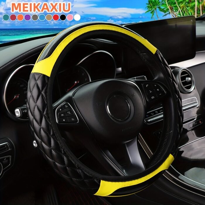 1Pc Crystal Carbon Fiber Faux Leather Three-Dimensional Square Embroidery New Car Without Inner Circle Steering Cover Suitable For 36.83-38.1Cm Car Interior Accessories Men And Women Universal Black Red Pink Blue Beige Gre - Image 3
