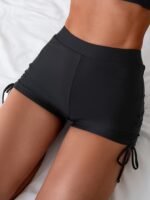 High-Waist Ruched Women'S Swim Shorts - Sleek Black, Anti-Slip, Tummy Control With Faux Drawstring Detail, Stretchy Polyester/Elastane Blend, Machine Washable - Image 3