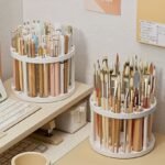 360? Rotating Brush Holder - Glazed Plastic Insert Stand, Suitable For Art Brushes, Pens, Makeup Tools - Space-Saving White Desktop Accessory
