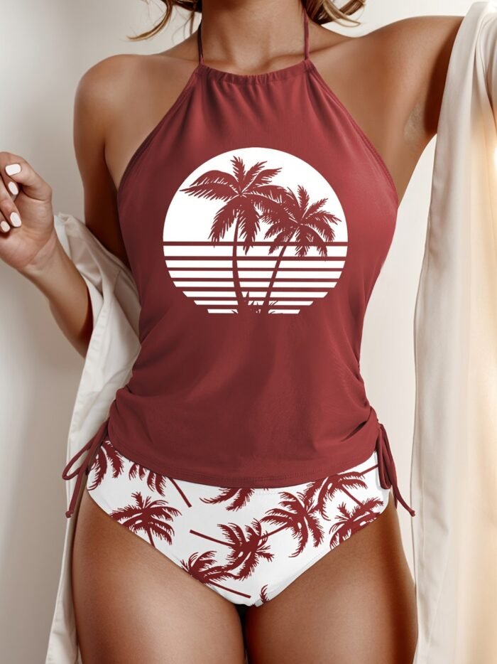Coconut Tree Set Pattern Drawstring 2Pcs Set Swimsuit, Halter Tie Neck Backless Stretchy Low Waist Bathing Suit For Beach Pool, Women'S Swimwear & Clothing - Image 8