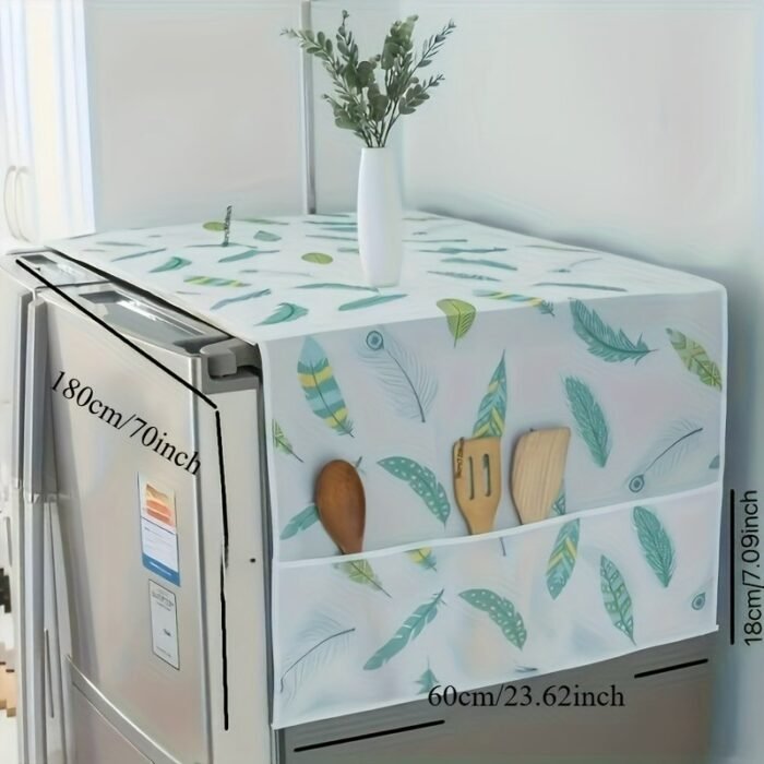 1Pc Youlong Multi-Function Refrigerator Dust Cover With Pocket, 128.02 X 52.07 Cm, Modern Decorative Fabric Storage Organizer For Home And Kitchen Use, Green Leaf Pattern, Pet Material, Appliance Top Protector | Decorative Storage | Pet Material Cover - Image 3