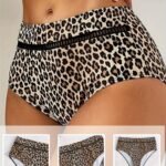 Leopard Print Hollow Out High Waist Bikini Bottoms, Stretchy Sexy Tummy Control Stylish Swim Briefs, Women'S Swimwear & Clothing