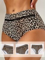 Leopard Print Hollow Out High Waist Bikini Bottoms, Stretchy Sexy Tummy Control Stylish Swim Briefs, Women'S Swimwear & Clothing