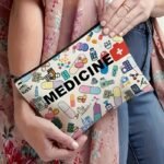 Medicine-Themed Cosmetic Travel Bag - Foldable Lightweight Zippered Makeup Organizer With Pill & Syringe Design, Durable Fabric For Women, Teachers - Beige Gift For Healthcare Professionals, Cosmetic Bag - Image 5