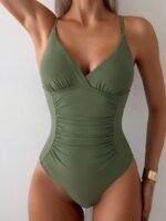 A Solid-Colored One-Piece Bathing Suit Featuring A Casual And Alluring V-Neck Design With Waist Pleats And Slim Shoulder Straps, Suitable For Sports Swimming And Machine Washable.