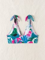 Leaf Print Shirred Knot Bikini Top, V Neck High Stretch Colorful Swimsuit Top Bra, Women'S Swimwear & Clothing - Image 5