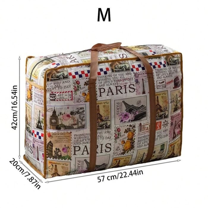 1Pc Vintage Fabric Foldable Storage Bag, Dark Brown, With Strong Zipper And Handle, Space-Saving, Heart Leaf Brand, With Random Printing And Edge Paint, For Moving, Travel, Back To School - Image 5