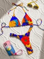 Large Flower European And American Fashion Foreign Trade Split Swimwear For Women Cartoon Printed Hanging Neck Fashion And Sexy Beach Swimsuit