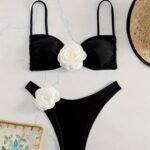 3D Floral Decor 2 Piece Set Bikini, Spaghetti Straps Tie Back Backless High Cut Swimsuits, Women'S Swimwear & Clothing