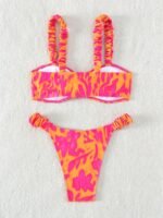 Gathered Texture Chic Off-Shoulder Drawstring Women'S Bikini Set In Vibrant Pink & Orange Abstract Print - High-Waisted, Stretchy Polyester/Elastane Blend, Machine Washable Swimsuit With Ruffled Detail, Swimming Attire|Highwaisted Bikini|Stretchy Fabric Blend, High Waisted Bikini Set - Image 2
