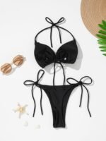 Elegant Black Three-Piece Bikini Set For Women - Sexy Halter Neck, High-Waisted Bottom & Tie-Dye Apron, Stretchy Polyester Fabric, Perfect For Poolside & Beach Wear - Image 4