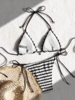 Easter-Themed Red & White Floral Print Bikini With Adjustable Lace-Up Straps - Stretchy V-Neck Swimsuit For Women, Perfect For Beach Or Poolside, Beachwear Essentials|Vneck Swimsuit|Stretchy Fabric - Image 3