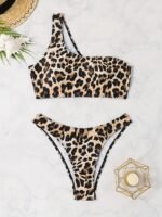 Chic One-Shoulder Leopard Print Bikini Set For Women - High Stretch, Non-Transparent Swimwear With Asymmetrical Design - Image 3