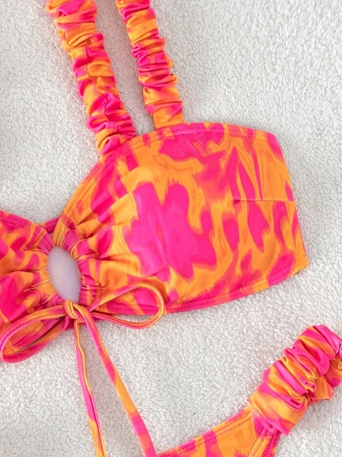 Gathered Texture Chic Off-Shoulder Drawstring Women'S Bikini Set In Vibrant Pink & Orange Abstract Print - High-Waisted, Stretchy Polyester/Elastane Blend, Machine Washable Swimsuit With Ruffled Detail, Swimming Attire|Highwaisted Bikini|Stretchy Fabric Blend, High Waisted Bikini Set - Image 5