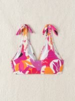 Leaf Print Shirred Knot Bikini Top, V Neck High Stretch Colorful Swimsuit Top Bra, Women'S Swimwear & Clothing - Image 6