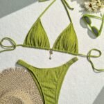 Elegant Women'S Solid Green Halter Bikini Set - Textured Fabric, High-Waisted Two-Piece Swimsuit With Tie Detail, Machine Washable, High Waisted Bikini Set